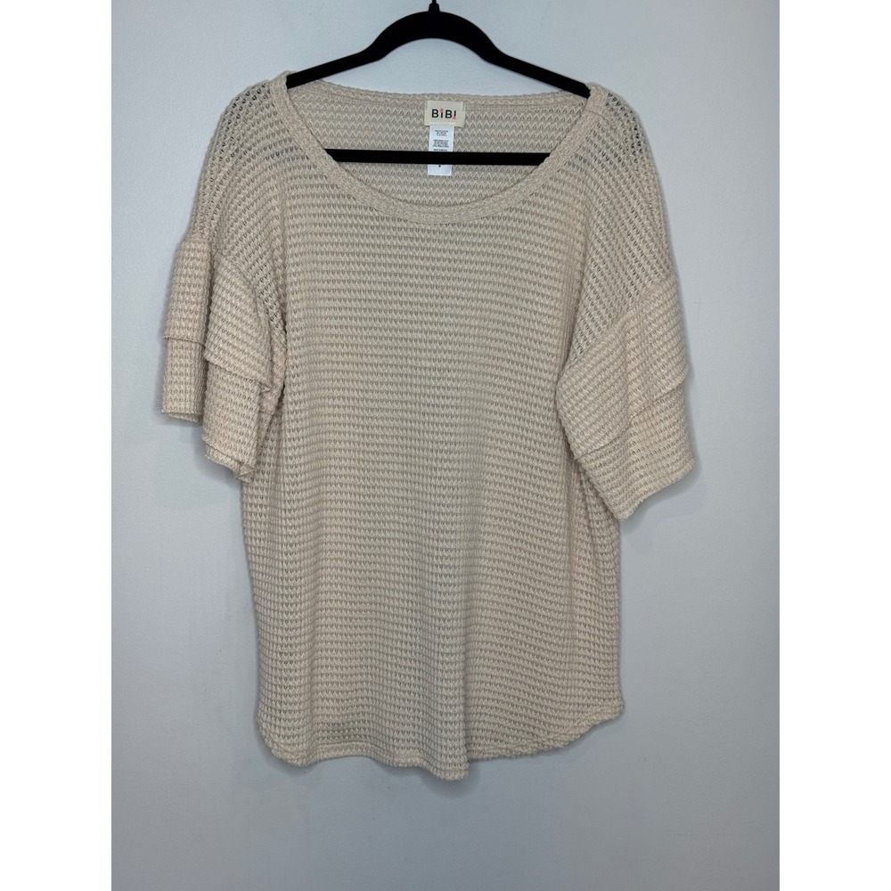 BiBi Cream Waffle Knit Tiered Ruffle Sleeve Top Beige Boho BT1429-04 Medium